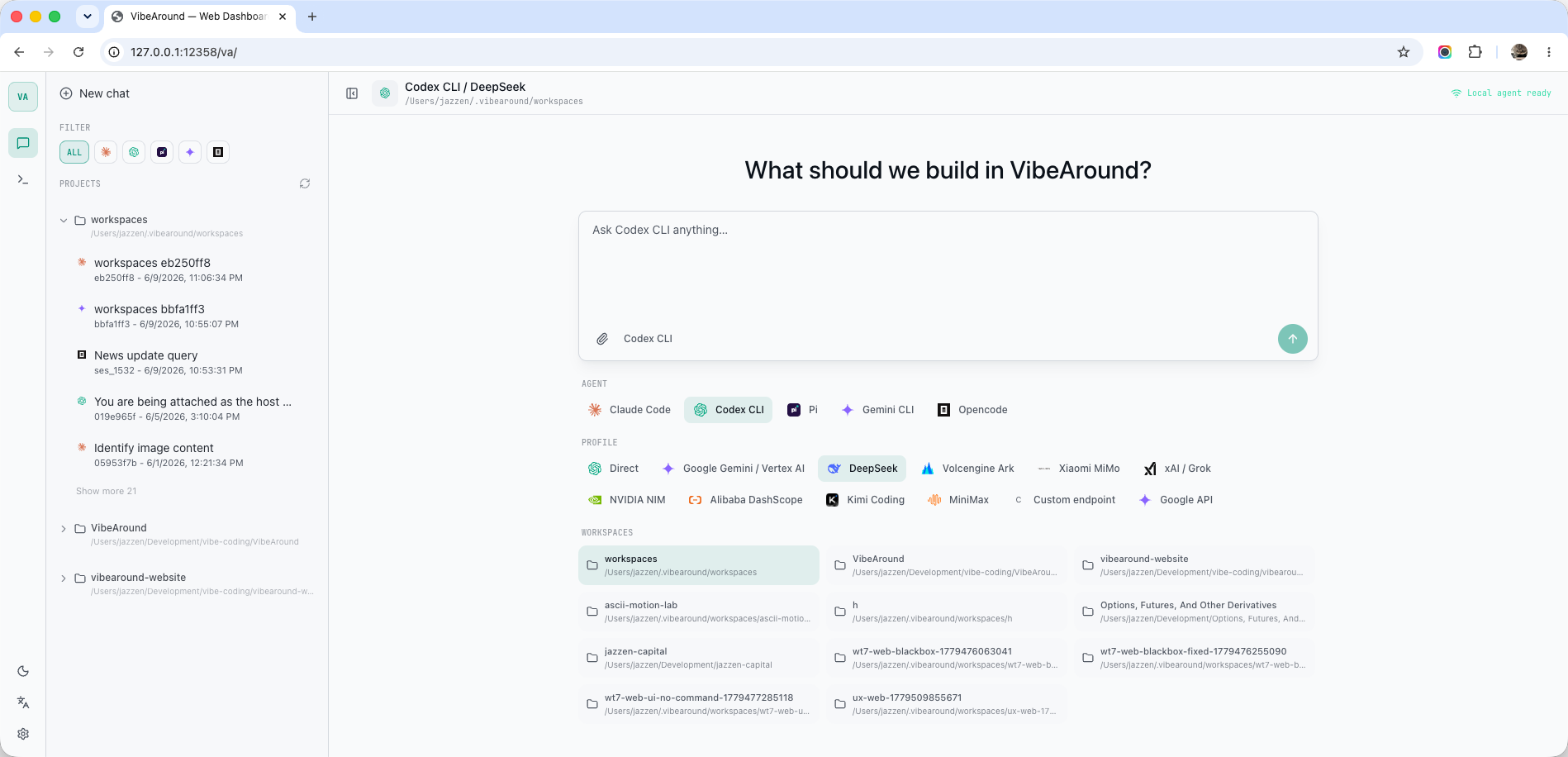 VibeAround Web Dashboard,带浏览器外框,展示 Agent 选择器、模型配置、工作空间和本地 Agent 状态
