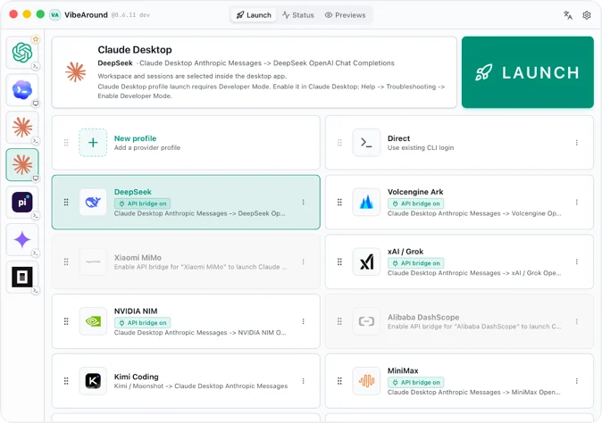 VibeAround 桌面应用启动 Claude Desktop,展示 API Bridge 配置、工作空间选择和 Codex 桌面应用支持