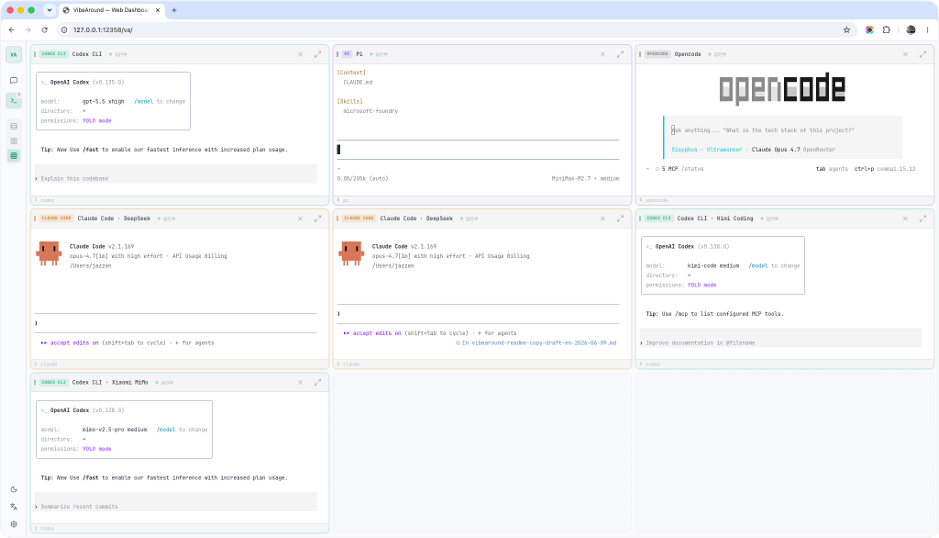 VibeAround Web Terminal,多个 AI 编程 Agent 在浏览器分屏中并行运行